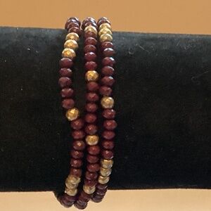 Garnet gold bead bracelet set on elastic or stretchy cord